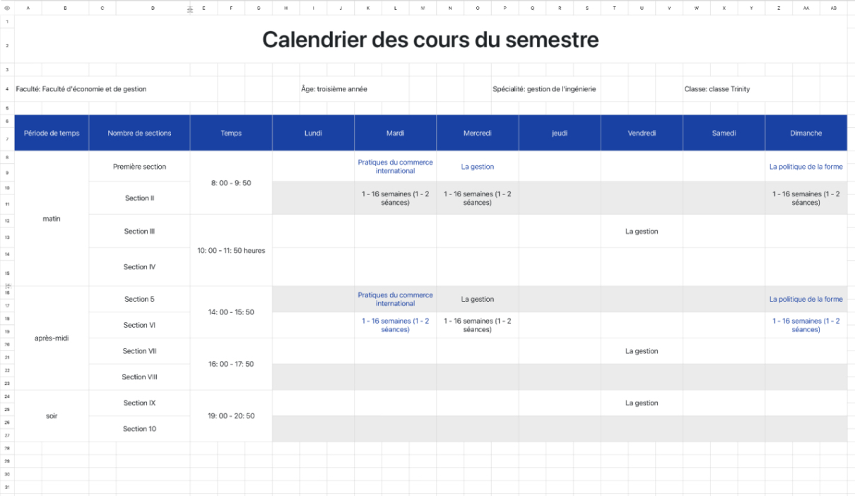 Calendrier des cours semestriels 1